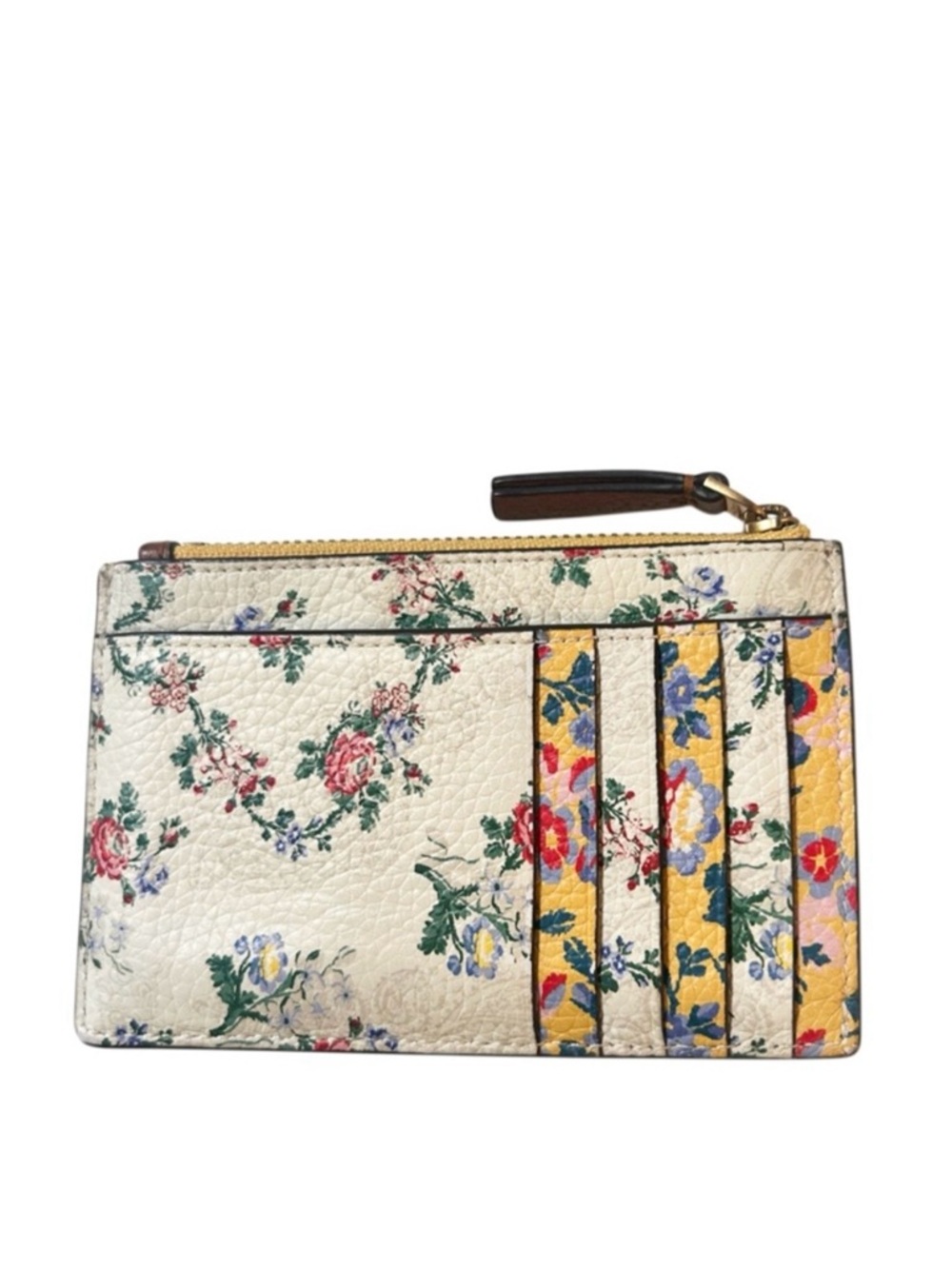 Tory Burch Yellow Floral Leather Zip Card Case with Gold Logo - Picture 4 of 9